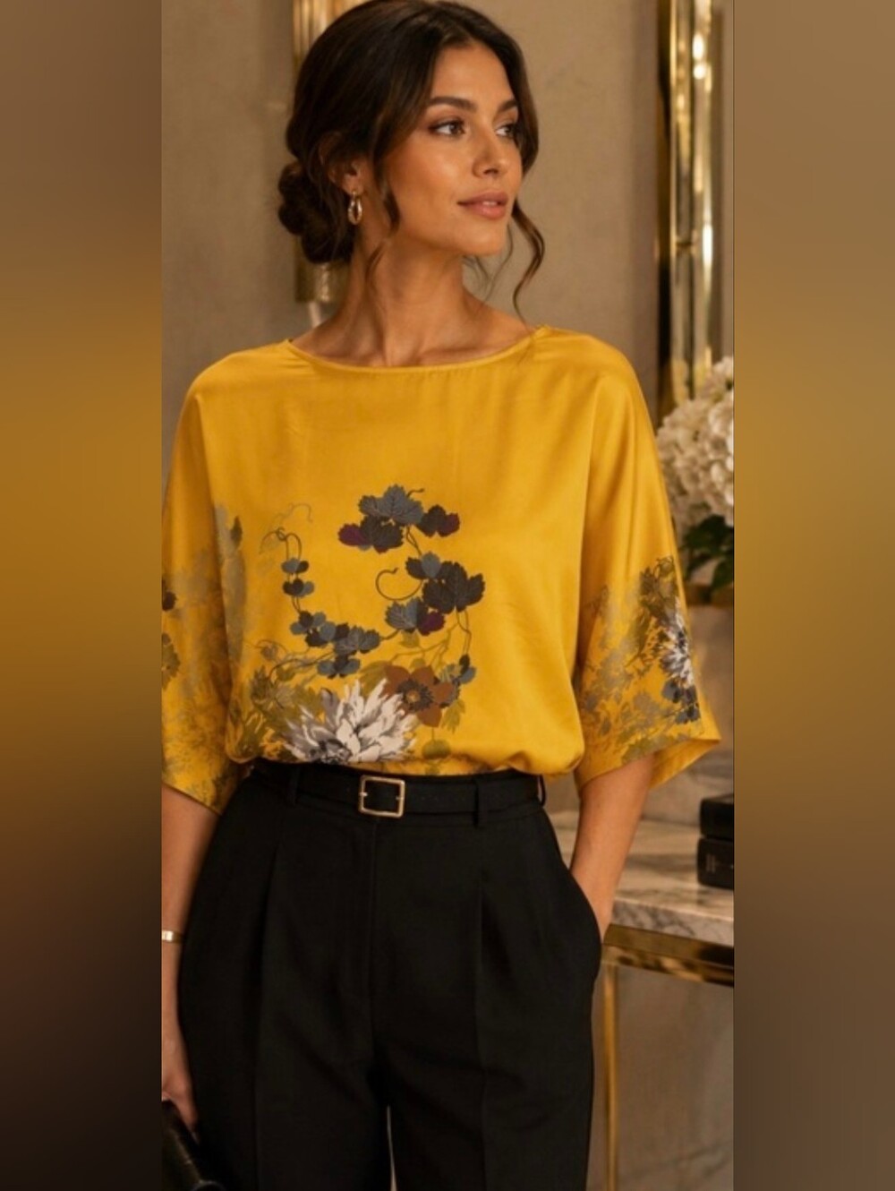 Soft Surroundings Bright Golden Floral Satin Tunic - Picture 2 of 14